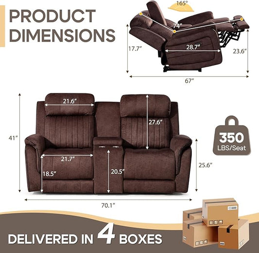 Zero Gravity Power Reclining Loveseat Sofa with Adjustable Headrests, Power Loveseat Recliner with Console, Electric 2-Seater Recliner Couch with Charging Port for Living Room (Velvet, Brown)
