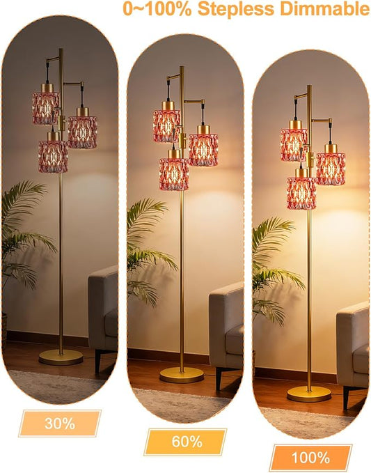 Lightdot 67" 3-Light Glass Floor Lamps for Living Room, Dimmable Floor Lamp with Rose Red Glass Shade& E12 Bulbs Included, Mid Century Standing Tall Lamp for Bedroom/Sofa Beside/Corner Decor-Gold