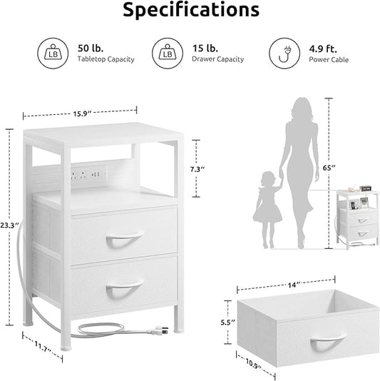NightStand Bedside Charging Table Bedroom - Night Stand with Charger Station, White Modern Bed Side End Table with Open Shelf & 2 Fabric Drawers, USB-C Port & AC Outlets for Dorm, Living Room