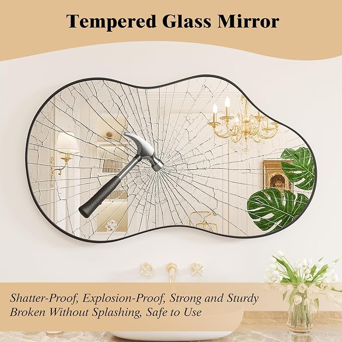 WEER Irregular Wall Mirror, 26x46 inch Black Asymmetrical Wall Mounted Decorative Mirror, Abstract Wavy Aluminum Alloy Frame for Bathroom, Bedroom, Living Room, Entryway
