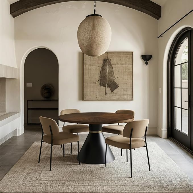 Meridian Furniture 742-T Sheridan Collection Modern | Contemporary Brown Ashburl Wood Veneer Top Dining Table with Matte Black Metal Base and Gold Metal Band, Brown, 48" W x 48" D x 30" H