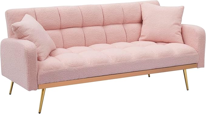 Eafurn Padded Convertible Futon Sofa Bed, Teddy Fleece Fabric Futons Loveseat Couch with Adjustable Backrest, Folding Sleeper Recliner Sofabed for Living Room Furniture | Golden Legs, Wood Frame
