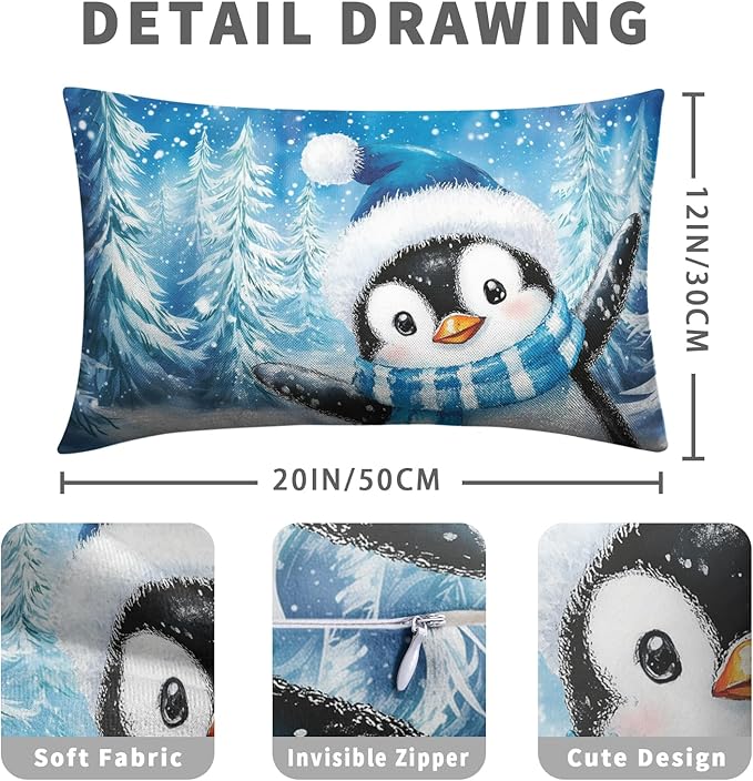 Winter Blue Outdoor Pillow Covers 12x20 Set of 2 Christmas Penguin Snowflake Lumbar Throw Pillow Covers Xmas Winter Holiday Rectangle Pillow Cases for Farmhouse Living Room Decor