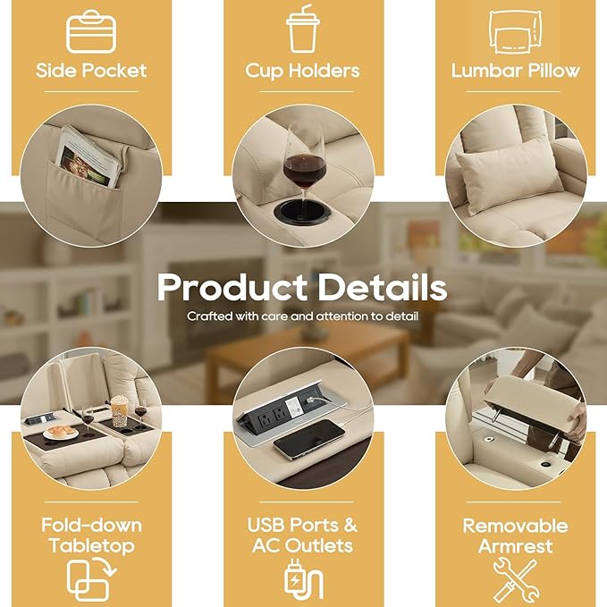 IPKIG Power Recliner Sofa with Flip-Up Backrest Console, USB & USB-C Ports, AC Outlet, LED Lights, Wall Hugger Recliners for Living Room, RV (Beige, 89" - 4 Seat) | Leathaire Fabric, Zero Gravity, Dual Reclining, 2 Lumabr Pillow, Bluetooth Speakers
