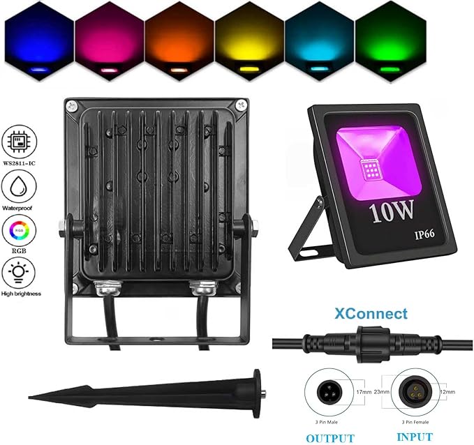 LED Flood Lights,WS2811 Pixel RGB Flood Light, 10W-RGB addressable Pixel floodlight, DC12-24V Input IP65, for Outdoor Decorative/Garden/Stage Lighting/Christmas Party (1PCS-WS2811-10W-B)
