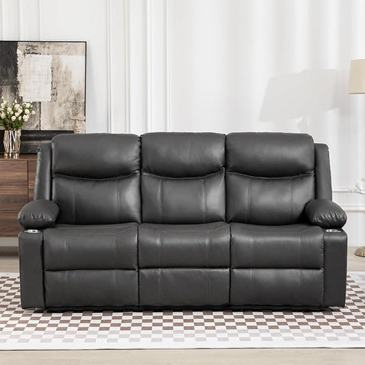 Manual Reclining Sofa - 3 Seat Recliner Sofa with Heat & Massage Function, Wall-Hugger Reclining Sofa for Living Room (Grey) | Cup Holder, Side pocket