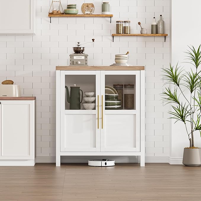 GarveeHome Sideboard Buffet Cabinet with 2 Glass Doors, 29.5 in Buffet Table Coffee Bar Wine Bar Display Cabinet for Kitchen Dining Room, Living Room (Glass with 2 Doors, White)