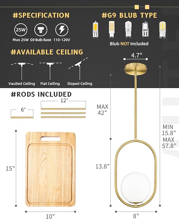 AUTELO Gold Pendant Lights, 1-Light Pendant Lights Kitchen Island in Brushed Gold Finish with Milky White Globe Glass, Mid Century Pendant Light Fixtures, Gold Hanging Lights for Kitchen H9376 MGBG
