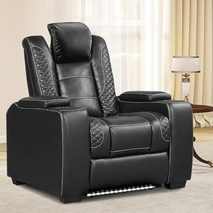 ANJ Power Recliner Home Theater Seating, PU Leather Electric Recliner Chair with Adjustable Headrest,Dual Motor Movie Reclining Chairs with Cup Holders LED Lights,USB Port,Hidden Arm Storage,Black