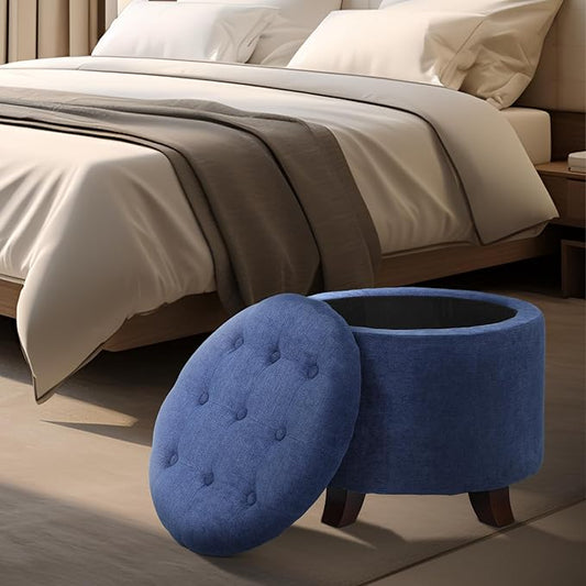 Athena Collection 20 Inch Small Ottoman with Storage, Round Linen Fabric Storage Ottoman with Removable Lid, Stylish Footstool Foot Rest for Living Room, Bedroom, Dorm, Blue