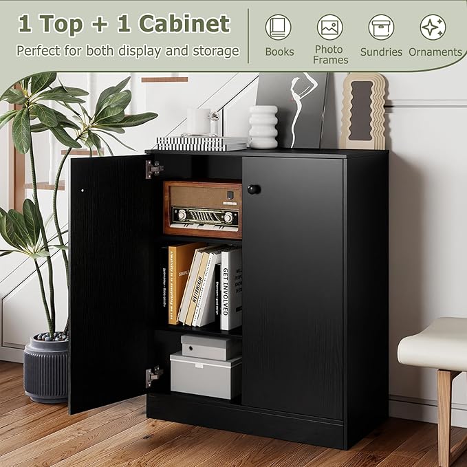 Giantex 2 Door Storage Base Cabinet - Freestanding Floor Cabinet with 3-Tier Shelf, Non-Slip Foot Pads, Kitchen Cupboard Storage Organizer for Living Room, Hallway, Entryway, Office (Black)