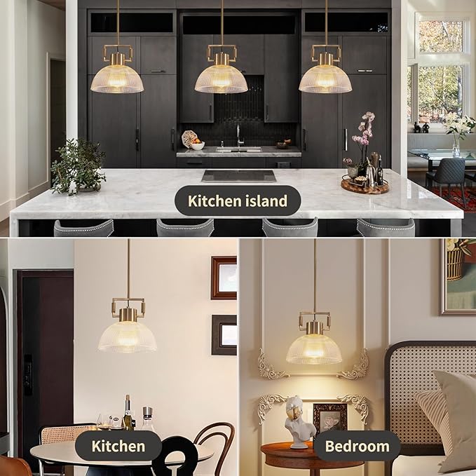 Pendant Lights Kitchen Island, 11.8" Gold Glass Pendant Lights Modern Vintage Fluted Large Dome Shade Brass Island Lights for Kitchen Dining Room Hallway Bedroom Restaurant.