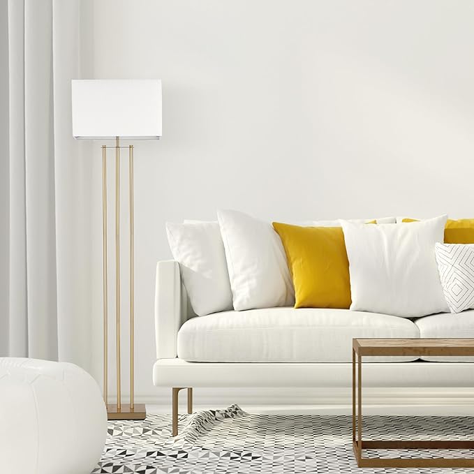 Globe Electric x Novogratz 67775 62" Floor Lamp, Matte Brass, White Linen Shade, Rotary Switch on Socket, Minimalist Lighting for Living Room, Bedroom or Office, Tall Corner Reading Light