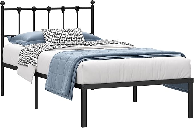 Twin Size Bed Frame with Modern Headboard, Metal Platform Bed Base with Strong Support, No Box Spring Needed, Easy Assembly, Noise Free，Black