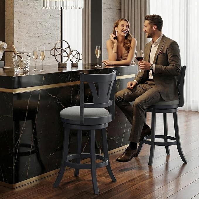 Swivel Bar Stools Set of 1,26 Inch Counter Height Barstool with Silent Rotation, High-Density Foam Cushion, Solid Wood Frame, Footrest & Anti-Slip Pads for Kitchen Islands and Home Bars (Grey)