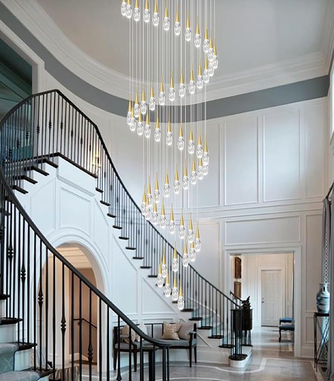 56-Lights 20 Feet Large Modern Chandelier LED Light Fixtures High Ceiling Long Light Chandelier for Entrance Foyer Dimmable Lights with Remote Living Room Ceiling Pendant Lighting Shine Gold