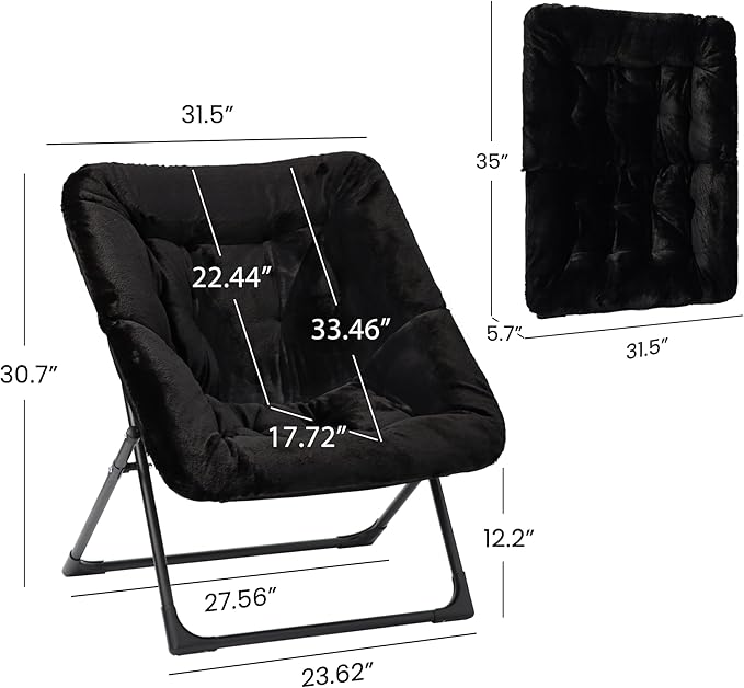 Comfy Saucer Chair for Adults, Set of 2, Soft Faux Fur Bedroom Chair, Accent Dorm Chairs, Flexible Living Room Reading Chairs, Oversized Folding Seat for Teens, X-Large, Black