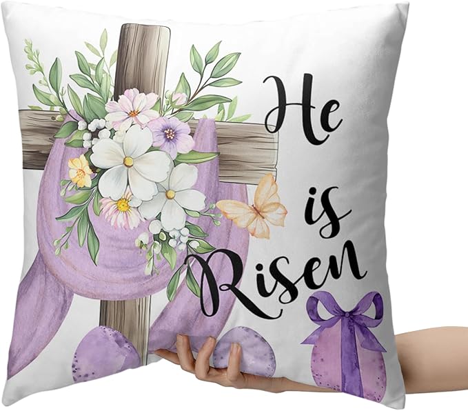Easter Pillow Cases He is Risen Throw Pillow Covers Eggs Rabbit Bunny Pillow Covers 20x20 Set of 2 Purple Spring Decorative Pillowcases for Holiday Festivals Home Outdoor Decor
