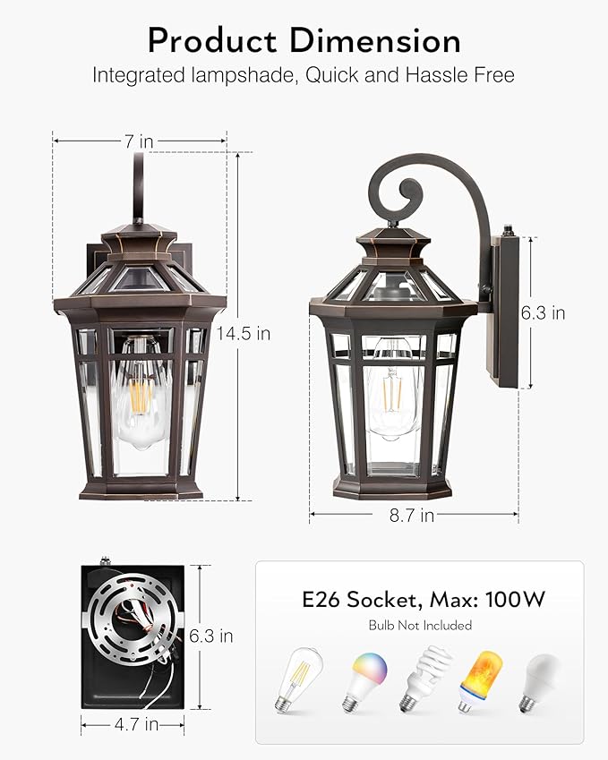 Outdoor Wall Lights Wall Mount, 2-Pack Front Porch Light Fixtures, Oil Rubbed Bronze Dusk to Dawn Exterior Lantern, Modern Patio Wall Sconce with Beveled Glass, Outside Garage Lights for Coach