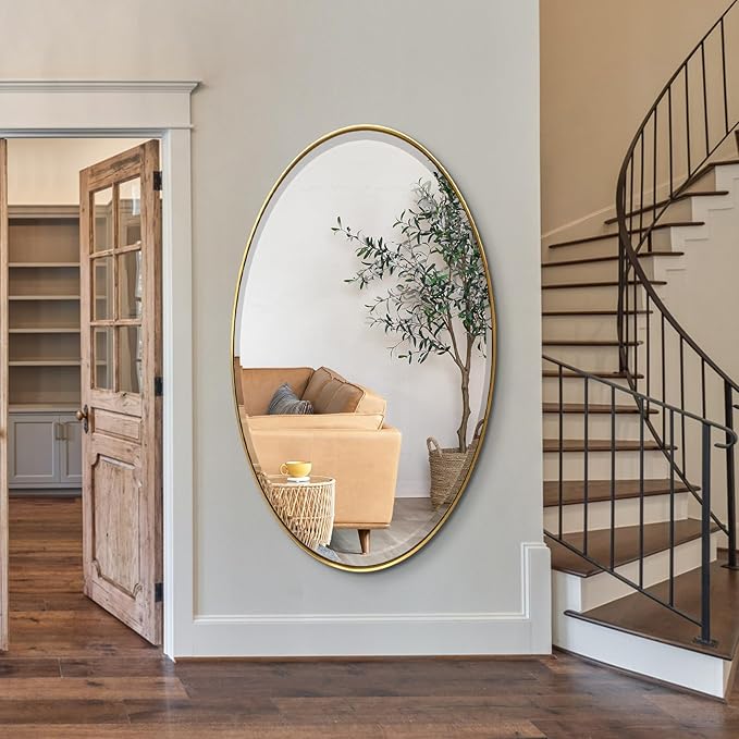 POZINO Oval Beveled Mirror, 28"x48" Brushed Gold Wall Mirror with Stainless Steel Frame, Modern Vanity Mirrors for Bathroom Living Room Bedroom Entryway Fireplace, Hangs Vertically or Horizontally