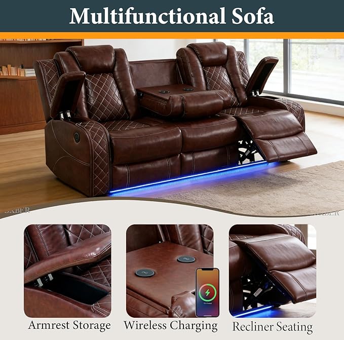 Power Recliner Sectional Sofa Set, Brown Leather Sectional Couch Set with 5 Recliners for Living Room, L Shape Reclining Sofa with Cup Holder, Hidden Storage, Coffee Table for House(9 Seat)