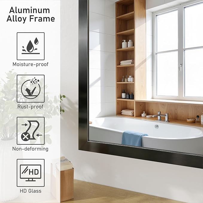 Koonmi Bathroom Mirror 36x55 Matte Black Rectangle Bathroom Mirror for Over Sink, Modern Large Vanity Mirror, HD Tempered Glass, Anti-Rust Aluminum Alloy Frame, for Living Room, Bedroom, Entryway