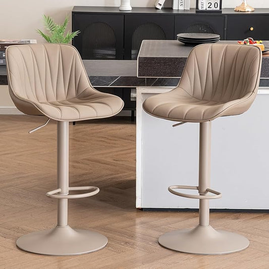 Kidol & Shellder Bar Stools Set of 2 Khaki Adjustable Swivel Counter Height Barstools Upholstered Modern PU Leather Bar Chairs Stools for Kitchen Island