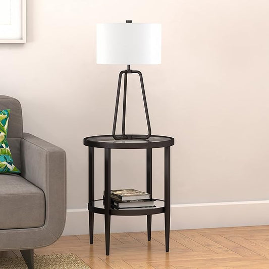Henn&Hart 20" Wide Round Side Table with Mirror Shelf in Blackened Bronze, Table for Living Room, Bedroom