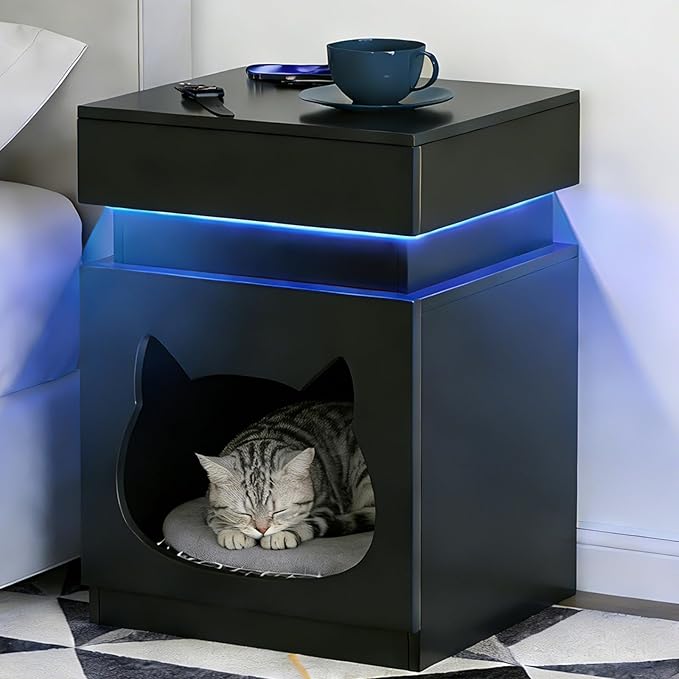 Night Stand with Charging Station, Wooden Bedside Table with LED Lights, Dark Grey Nightstand with Sliding Drawer, Modern End Table with Storage Space for Bedroom, Office, Courtyard