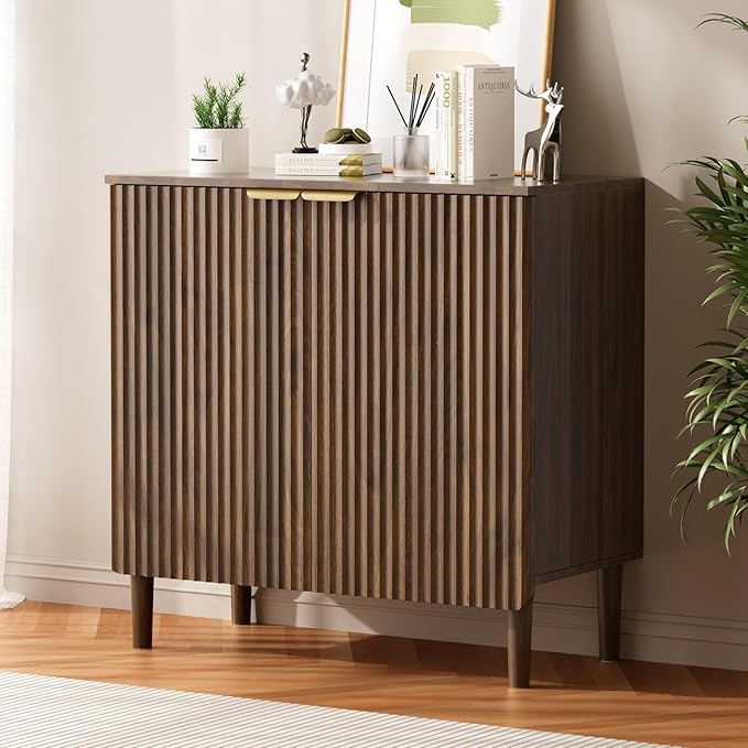 Sideboard Buffet Storage Cabinet - Wood Cabinets with Adjustable Shelves Fluted Doors, Anti-Tip Console Table for Kitchen Dining Living Room or Entryway Hallway, Easy Assembly, Walnut