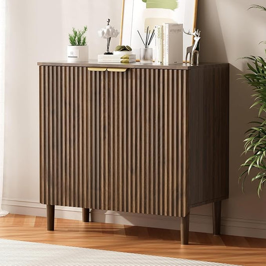 Sideboard Buffet Storage Cabinet - Wood Cabinets with Adjustable Shelves Fluted Doors, Anti-Tip Console Table for Kitchen Dining Living Room or Entryway Hallway, Easy Assembly, Walnut