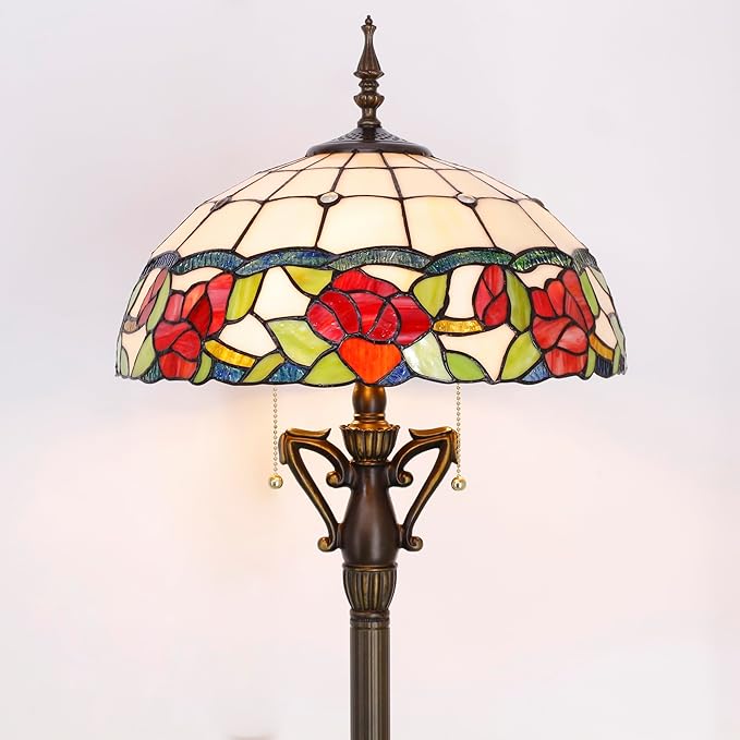 Tiffany Floor Lamp Rose Flower Style Stained Glass Standing Reading Light 16X16X66 Inches Antique Pole Corner Lamp Decor Bedroom Living Room