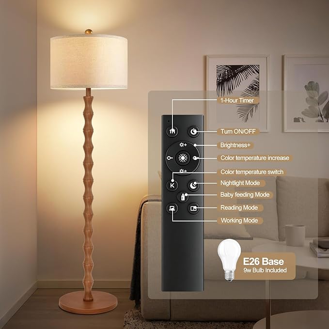 Wood Floor Lamp with 3 Color Temperatures,Boho Floor Lamp with Remote Control,Dimmable LED Floor Lamp Mid Century Modern Standing Lamp Farmhouse Tall Pole Lamp for Living Room Bedroom