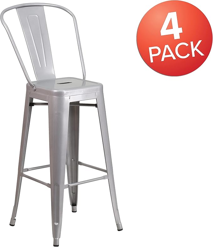 Flash Furniture Lily Commercial Grade 4 Pack 30" High Silver Metal Indoor-Outdoor Barstool with Removable Back