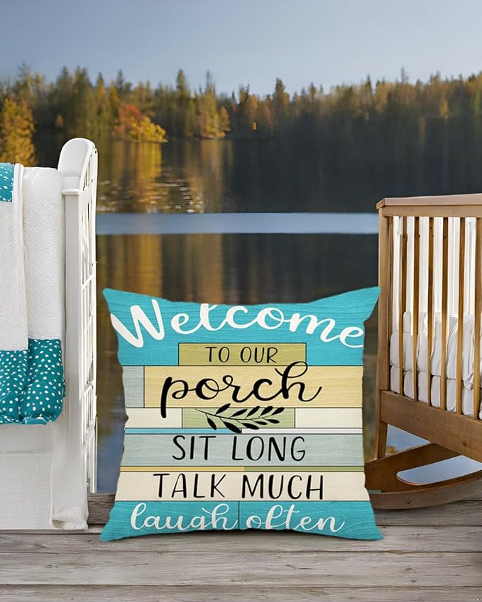 Jartinle Lake House Outdoor Pillow Covers 18x18 Inch Waterproof Turquoise Woodgrain Stripe Welcome to Porch Decorative Cushion Covers for Patio Furniture, Set of 2