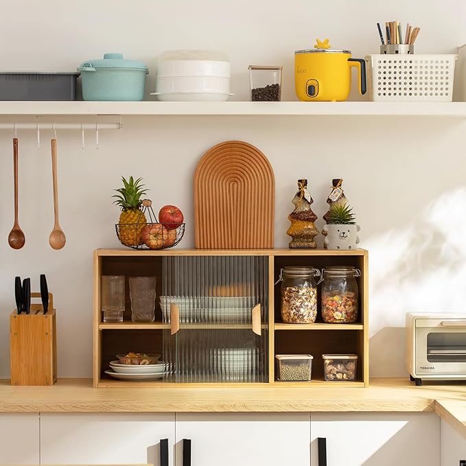 Tiita Small Kitchen Pantry Cabinet, Bamboo Wall Sideboard with Glass Doors, Cupboard Food Pantry Cabinet for Kitchen, Living Room and Dinning Bedroom