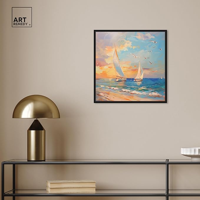 Art Remedy Sailboats In The Sunset Framed Sailing 1 Piece Canvas Wall Art, 17" x 17", Black Frame