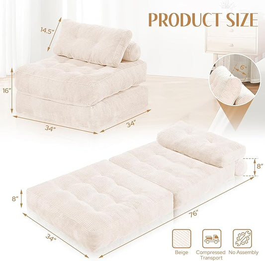 HABUTWAY Folding Sofa Bed, Convertible Sleeper Chair Bed w/Dual-Pillow & Handle, Foldable Floor Sofa Lounge w/Back Support for Living Room, Bedroom, Apartment, Office, Single, Beige