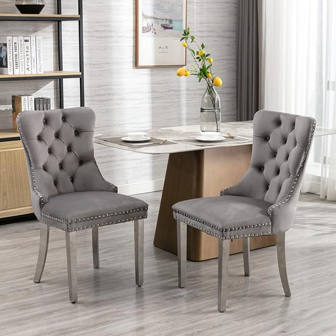 Solid Wood Dining Chair with Nailhead Trim,Velvet Upholstered W/Chrome Stainless Steel Plating Legs,Set of 2,for Living Room,Apartemnt,Gray and Chrome