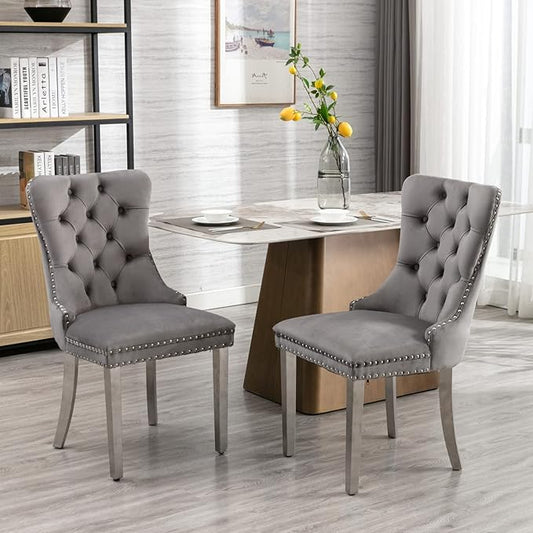Solid Wood Dining Chair with Nailhead Trim,Velvet Upholstered W/Chrome Stainless Steel Plating Legs,Set of 2,for Living Room,Apartemnt,Gray and Chrome