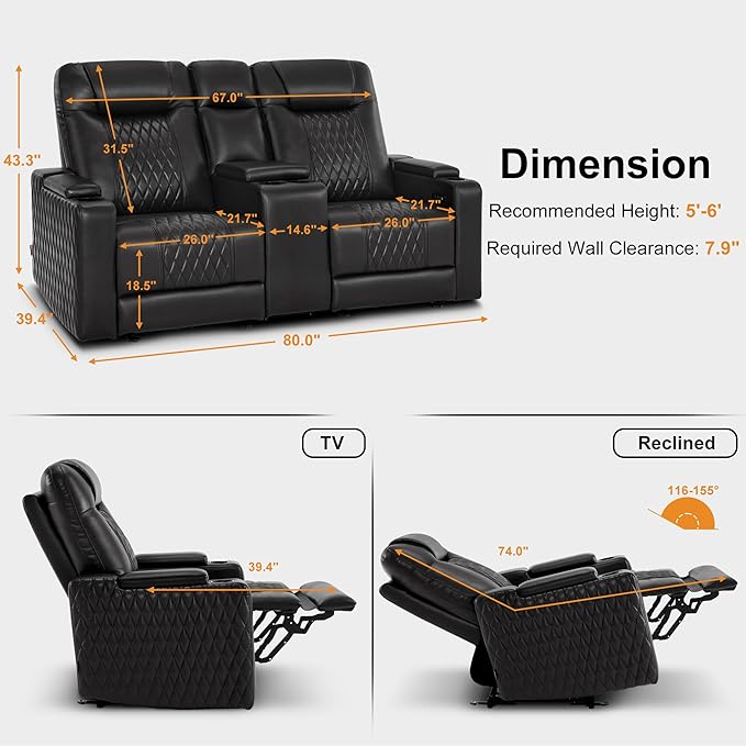 MCombo 80" Zero Gravity Oversized Power Reclining Loveseat with Adjustable Headrest for Living Room, Double Recliner Sofa with USB & Type C, Armrest Storage & LED Light HTS401SET