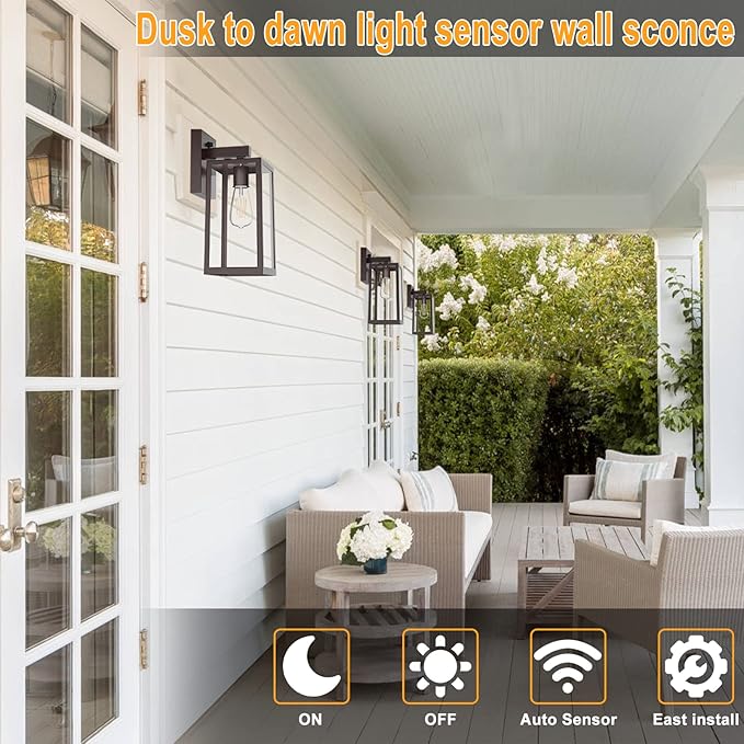 SHINE HAI Dusk to Dawn Outdoor Wall Lantern, Exterior Wall Sconce with E26 Base Socket, Anti-Rust Waterproof Light Fixture with Glass Shade for Garage, Doorway, 2 Pack (Dark Chocolate)