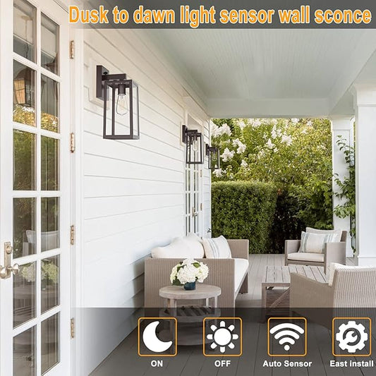 SHINE HAI Dusk to Dawn Outdoor Wall Lantern, Exterior Wall Sconce with E26 Base Socket, Anti-Rust Waterproof Light Fixture with Glass Shade for Garage, Doorway, 2 Pack (Dark Chocolate)