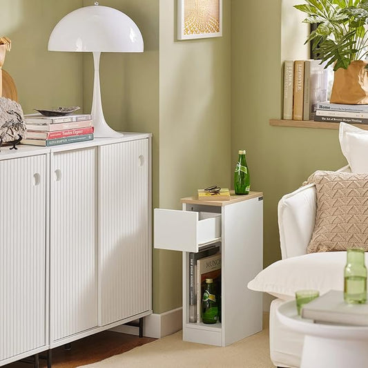 SoBuy Nightstand Narrow Night Stand Modern Design Bedside Furniture Slim End Table Storage Cabinet with Sliding Drawer and Open Compartment, White & Natural FBT111-WN