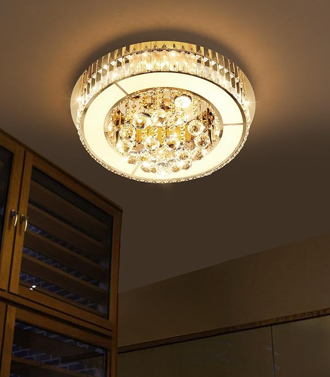 19.6'' Gold Modern Crystal Chandeliers for Dining Room LED Dimmable Light Fixtures Flush Mount Light Living Room Bedrooms