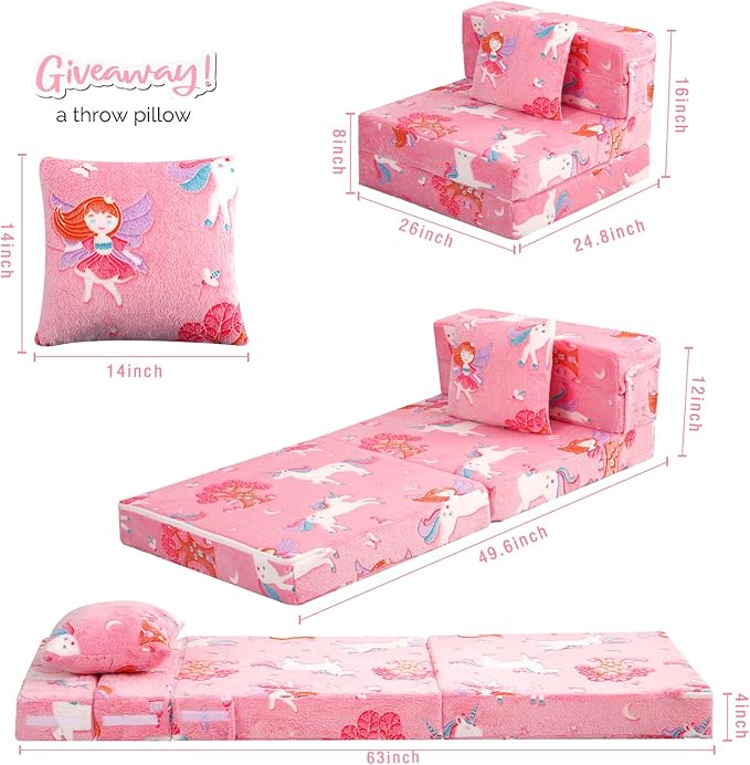 MeMoreCool Foldable Futon Chair Bed for Kids, Glow Tri-fold Sofa Bed Convertible Toddler Sofa Mattress, Foam Floor Couch for Sitting, Pink