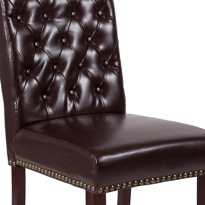 Flash Furniture HERCULES Series Brown LeatherSoft Parsons Chair with Rolled Back, Accent Nail Trim and Walnut Finish