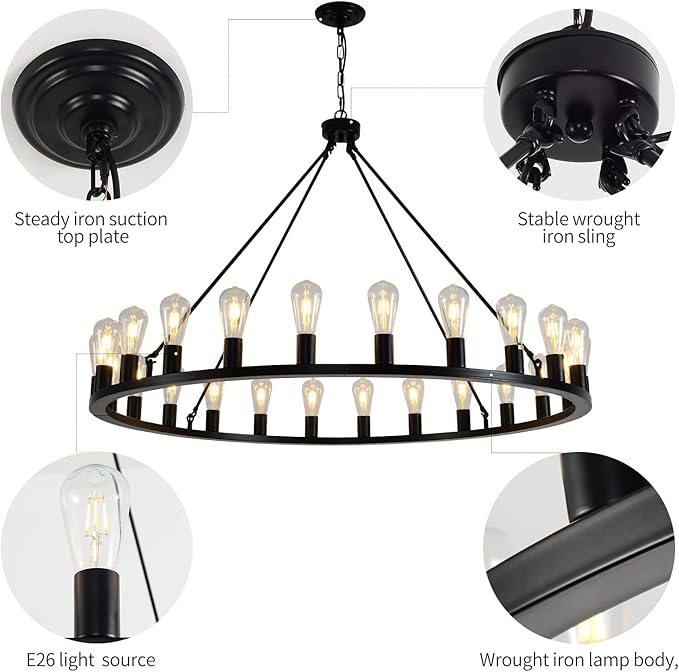 Wagon Wheel Chandelier 24-Light 48-Inch, Black Round Rustic Farmhouse Chandelier Extra Large for High Ceilings, Dining Room, Living Room