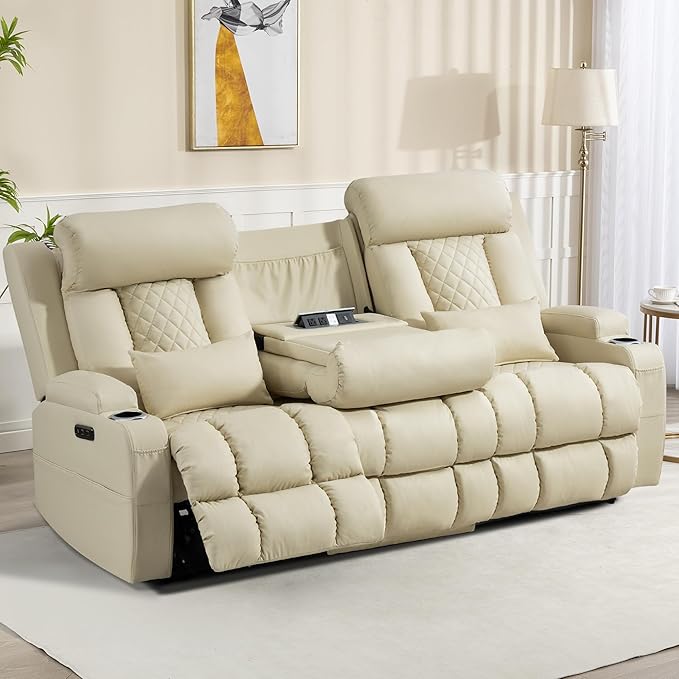 Zero Wall Hugger Power Reclining Sofa with Adjustable Headrest, Electric Reclining Couch with Drop-Down Table,Outlets, Power Loveseat Recliner Sofa for Living Room (PU Beige, 3 Seat) | Cat-Proof Leather