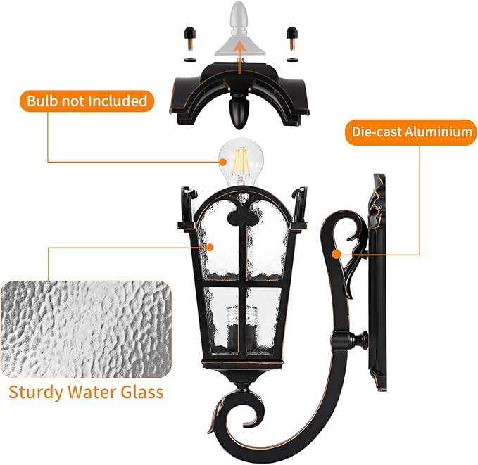 PARTPHONER Outdoor Wall Light Fixtures Black Roman 17.71" H Exterior Wall Lantern Waterproof Sconce Porch Lights Wall Mount with Water Glass Shade for House